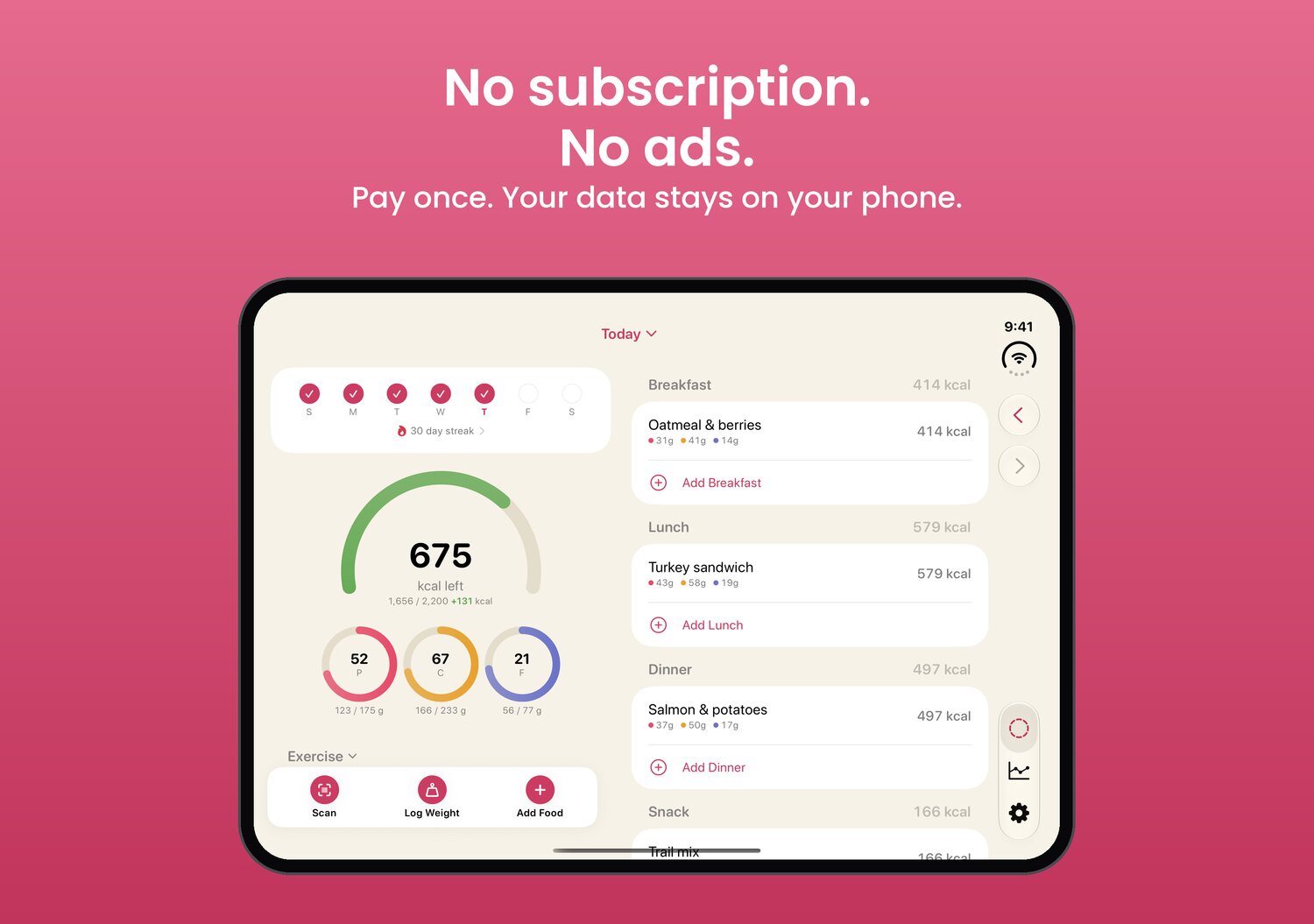 Radish on iPhone Duo, open: the Today rings beside the day's food log