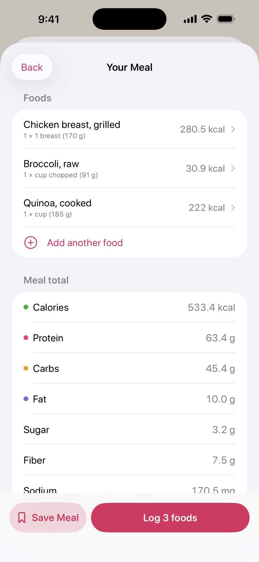 A meal logged by voice, broken into foods with a running total