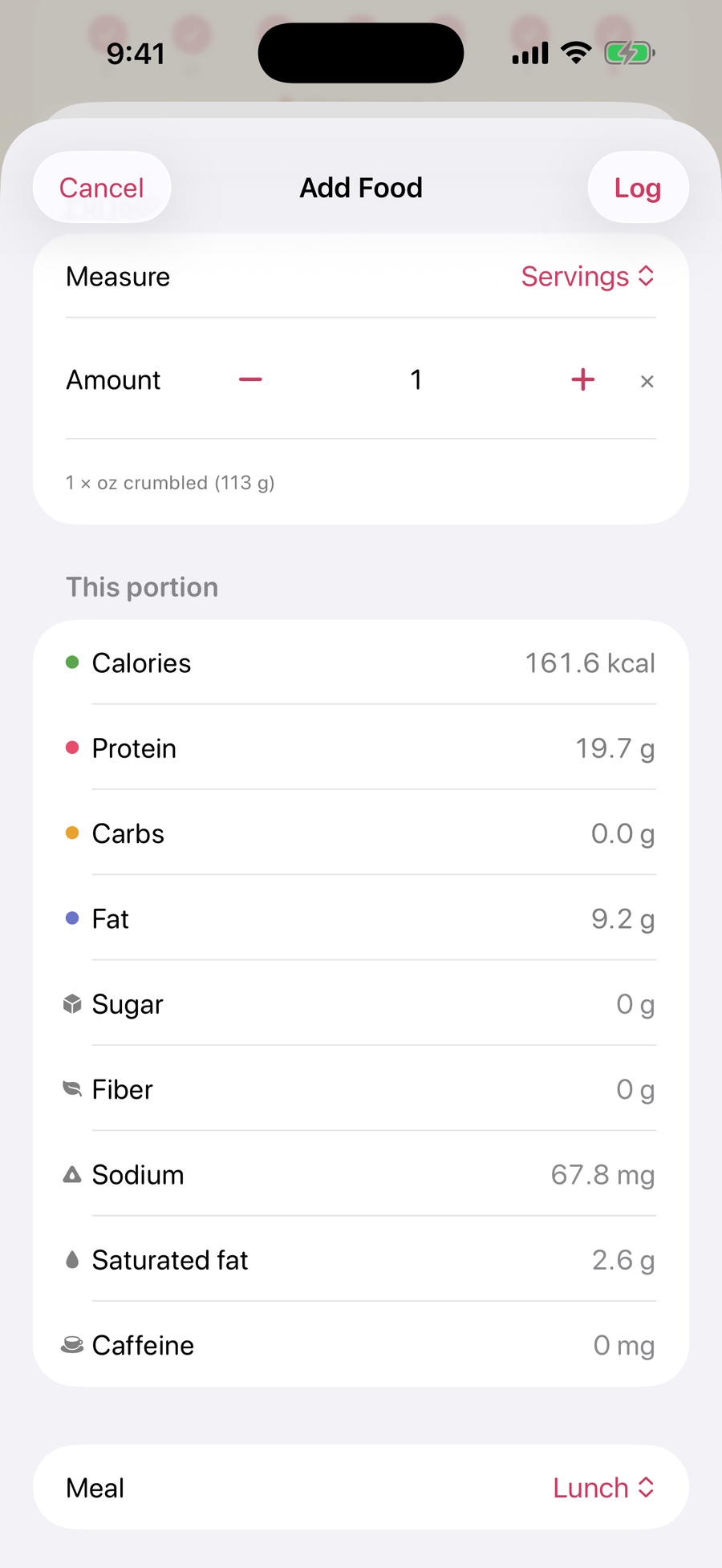 Full nutrition breakdown for a single portion