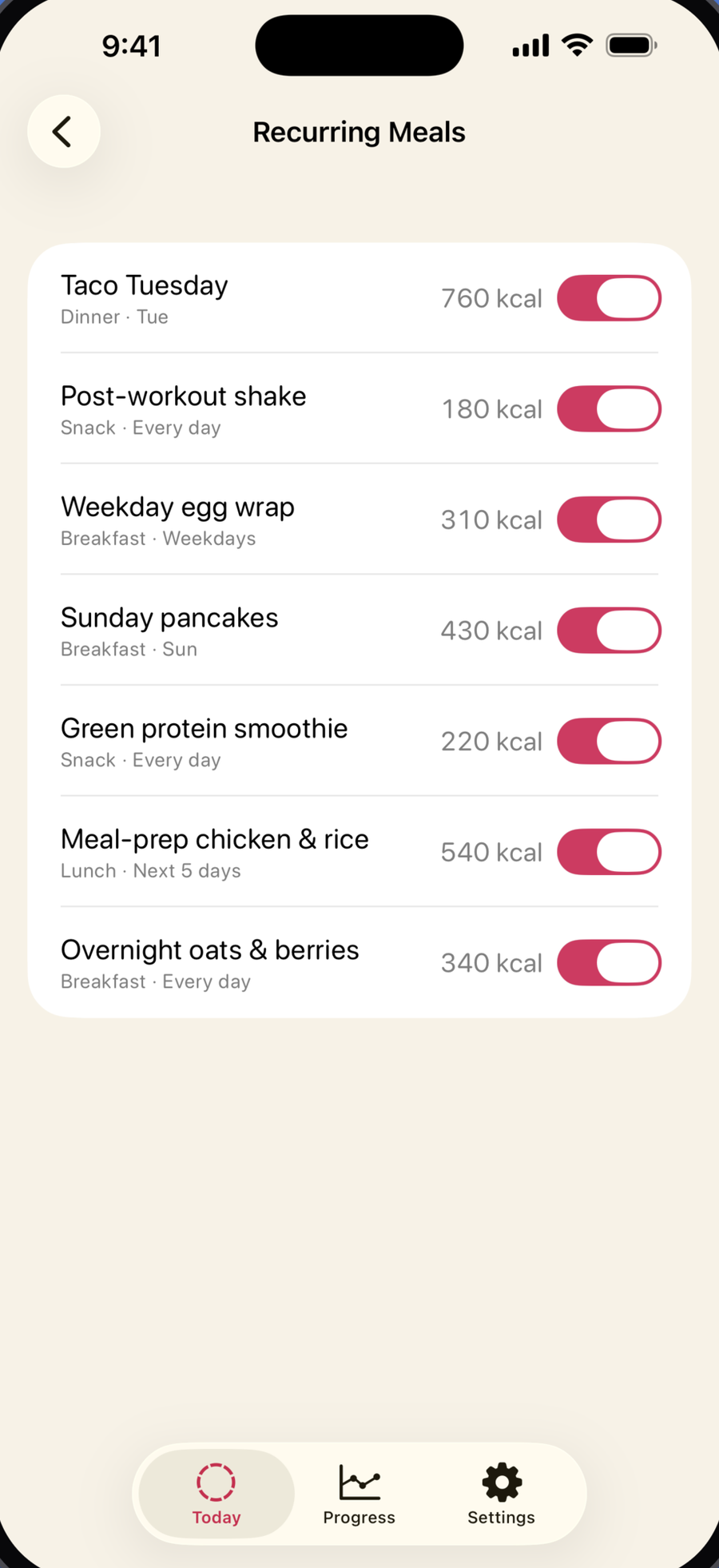 Recurring meals list with schedules