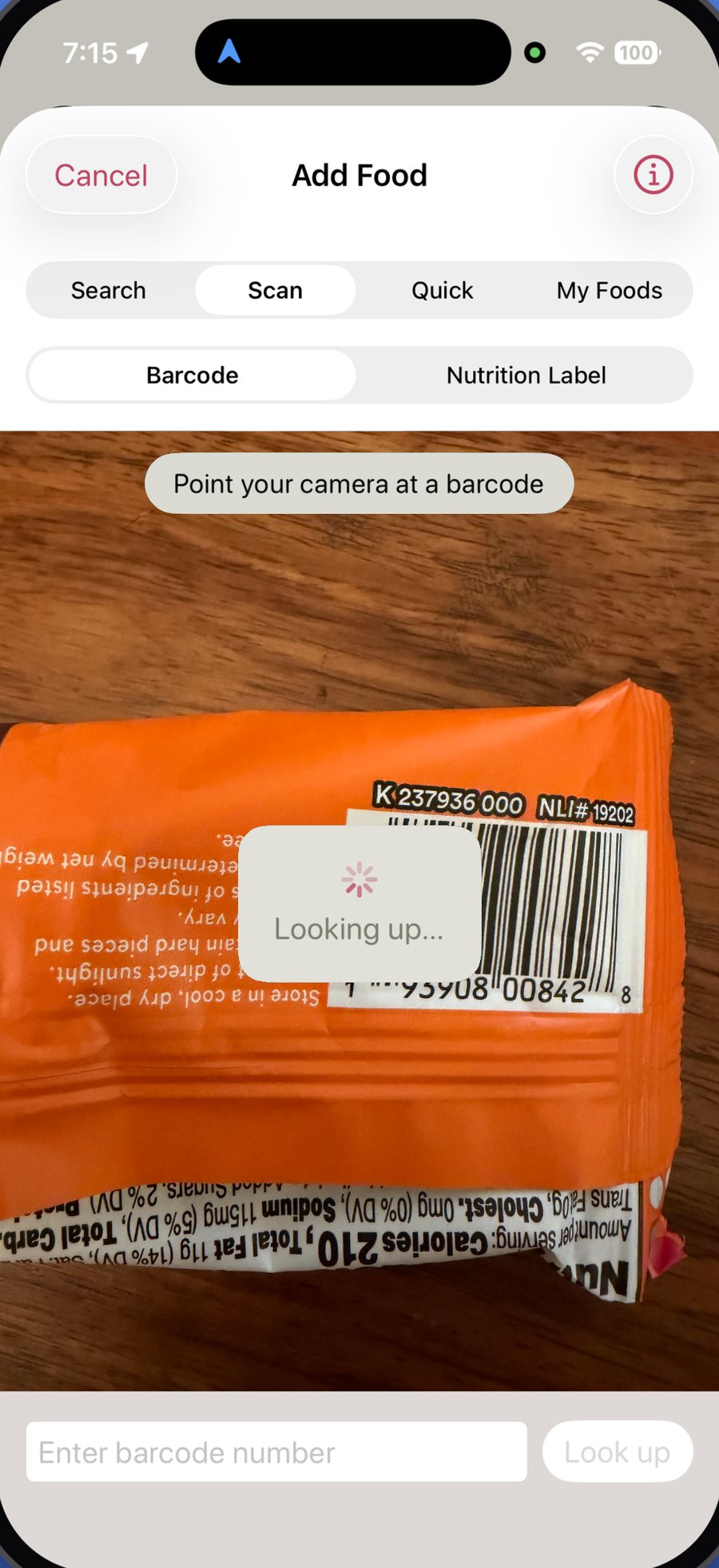 Scanning a barcode on a food package