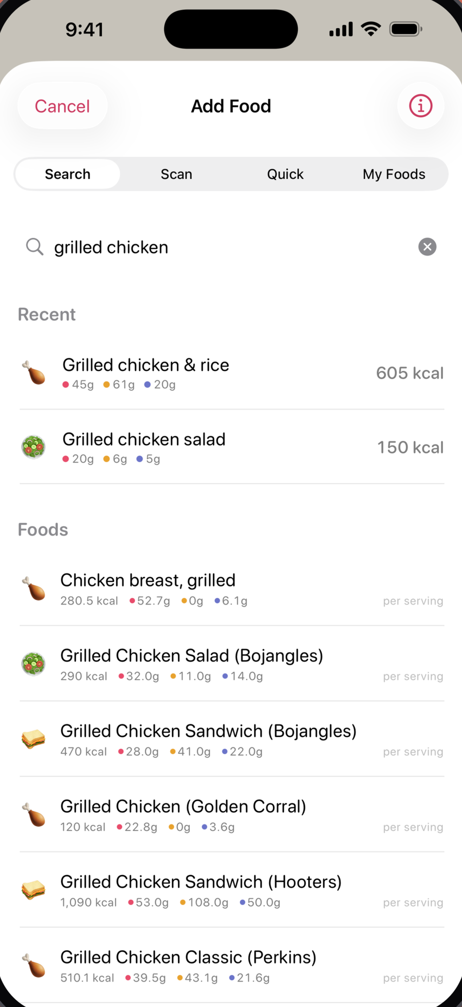 Food search results for grilled chicken