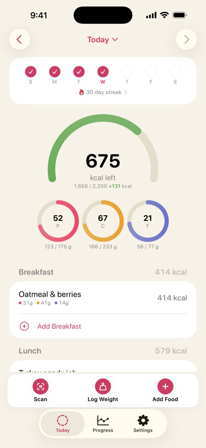 Radish Today screen showing calories left and macro rings