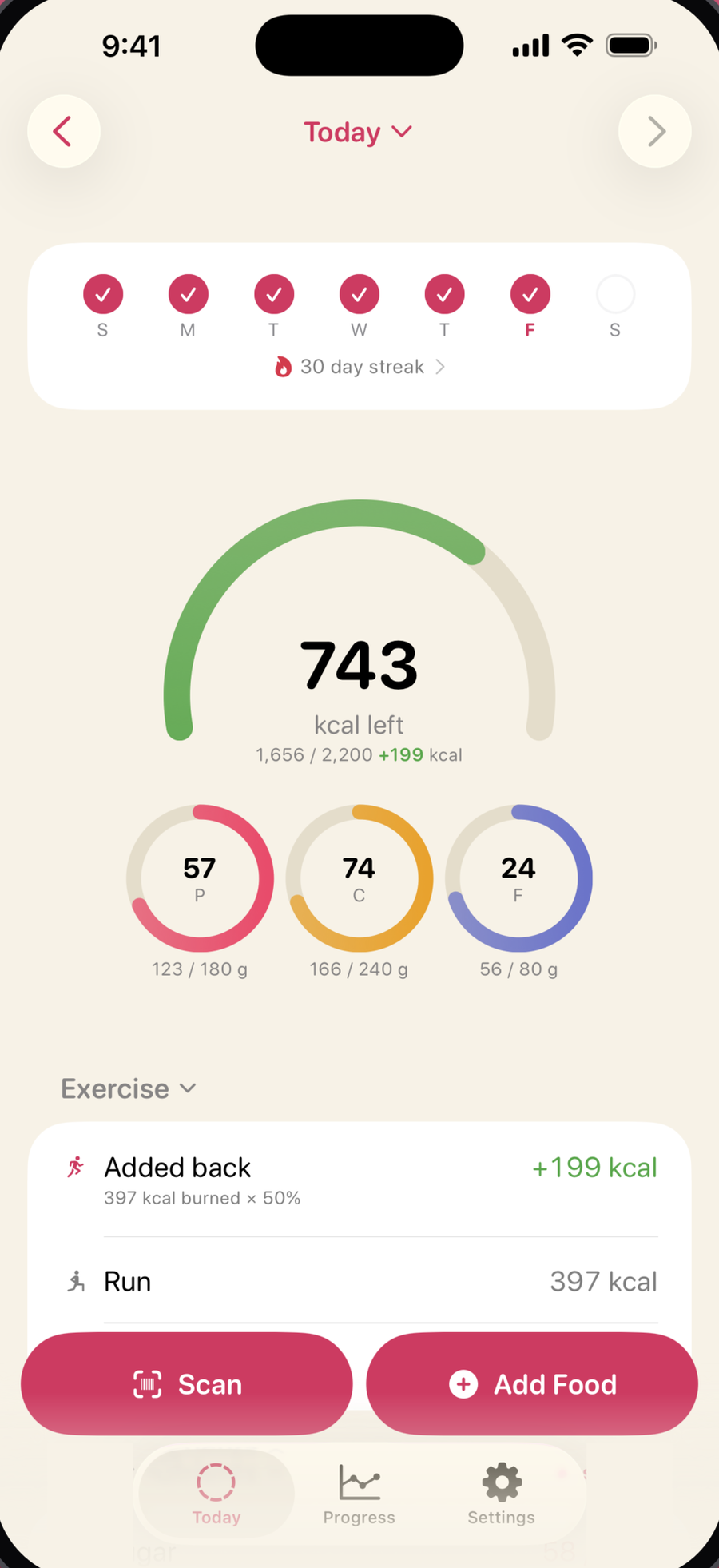 Radish Today screen showing calories left and macro rings