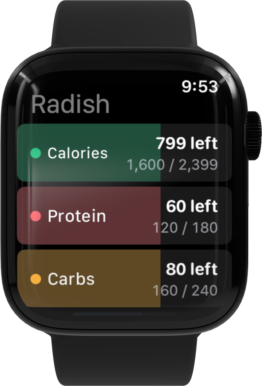Radish on Apple Watch showing calories, protein and carbs left